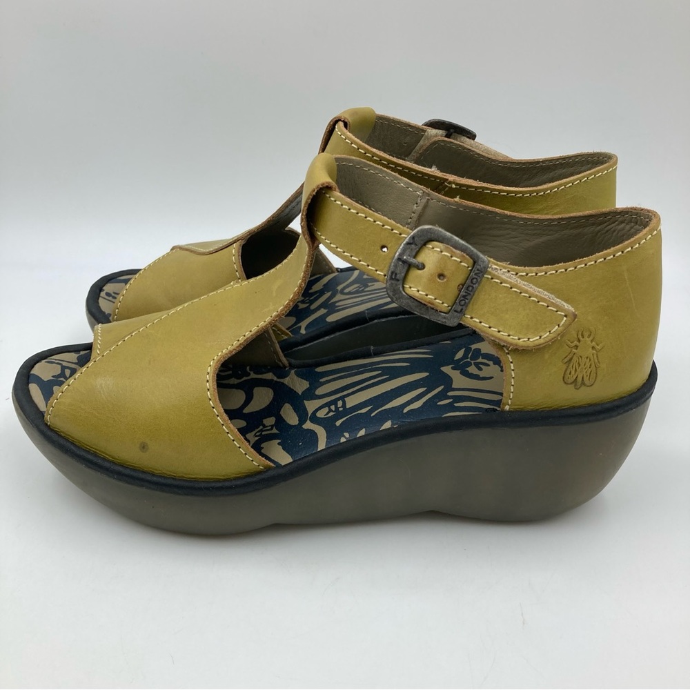 Fly London Leather Buckle Wedge Boho Funky Sage Green Sandal Shoes EU 40 US 8.5